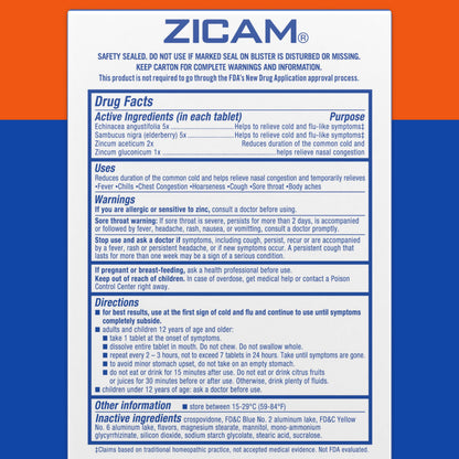 Zicam elderberry and zinc homeopathic tablets package contents directions