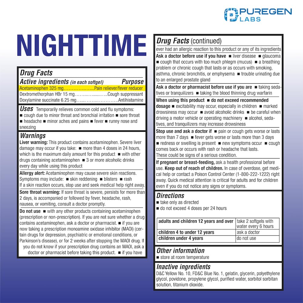 Puregen Labs nighttime liquid capsules bottle displaying active ingredients for fever and cough suppression