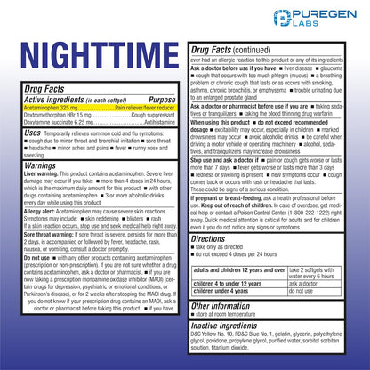 Puregen Labs nighttime liquid capsules bottle displaying active ingredients for fever and cough suppression