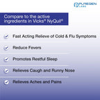 Puregen Labs 50 count value pack cold and flu medicine packaging showing dosage instructions