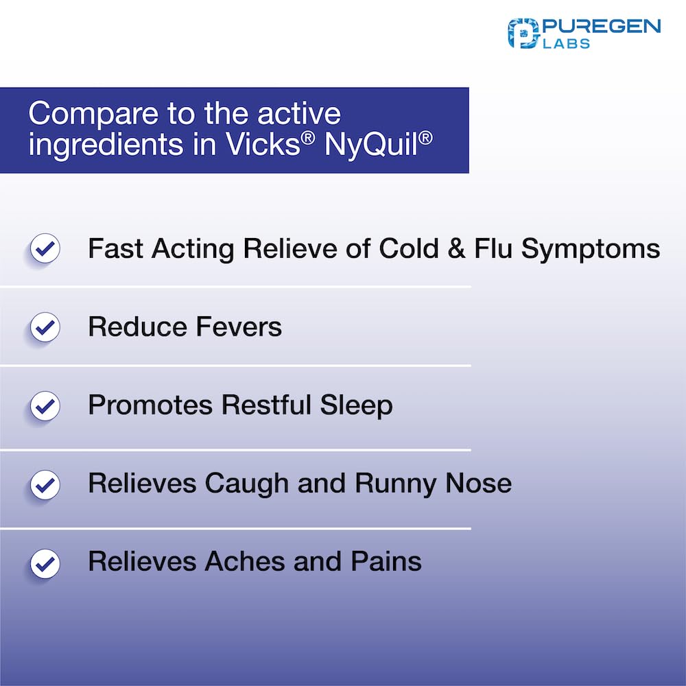 Puregen Labs 50 count value pack cold and flu medicine packaging showing dosage instructions
