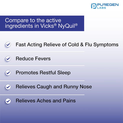 Puregen Labs 50 count value pack cold and flu medicine packaging showing dosage instructions
