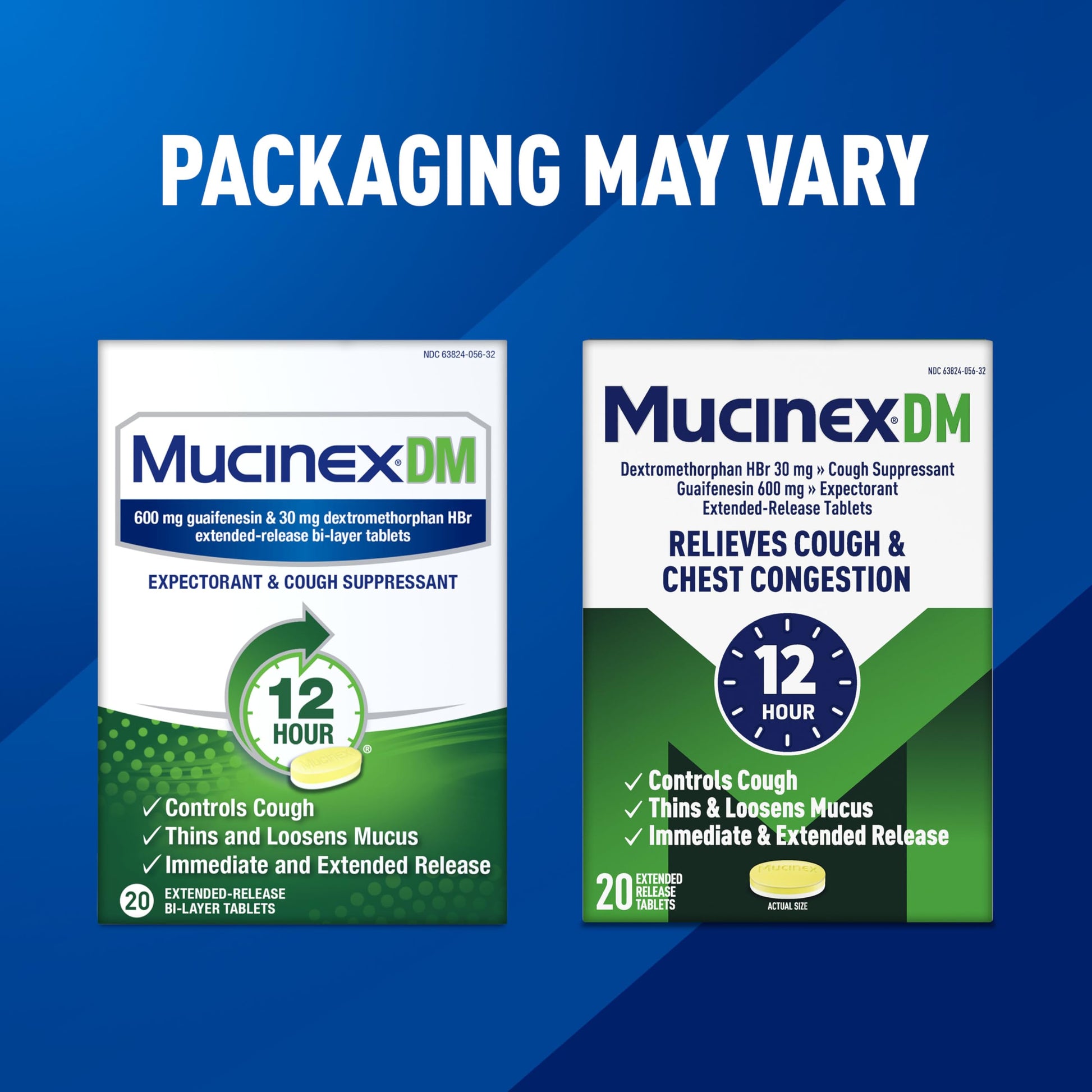 Mucinex DM extended release bi-layer pills packaging details