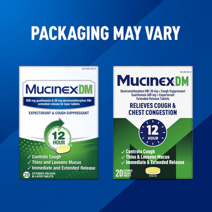 Mucinex DM extended release bi-layer pills packaging details