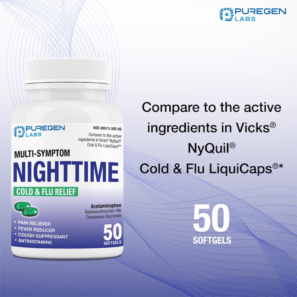Puregen Labs multi symptom relief capsules highlighting acetaminophen and dextromethorphan composition