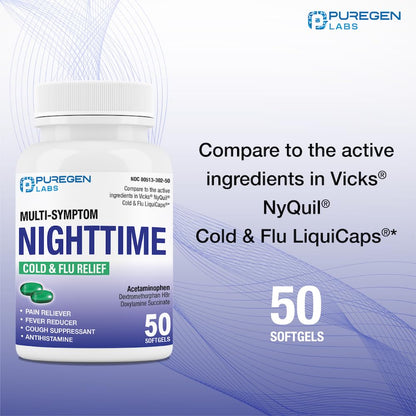 Puregen Labs multi symptom relief capsules highlighting acetaminophen and dextromethorphan composition