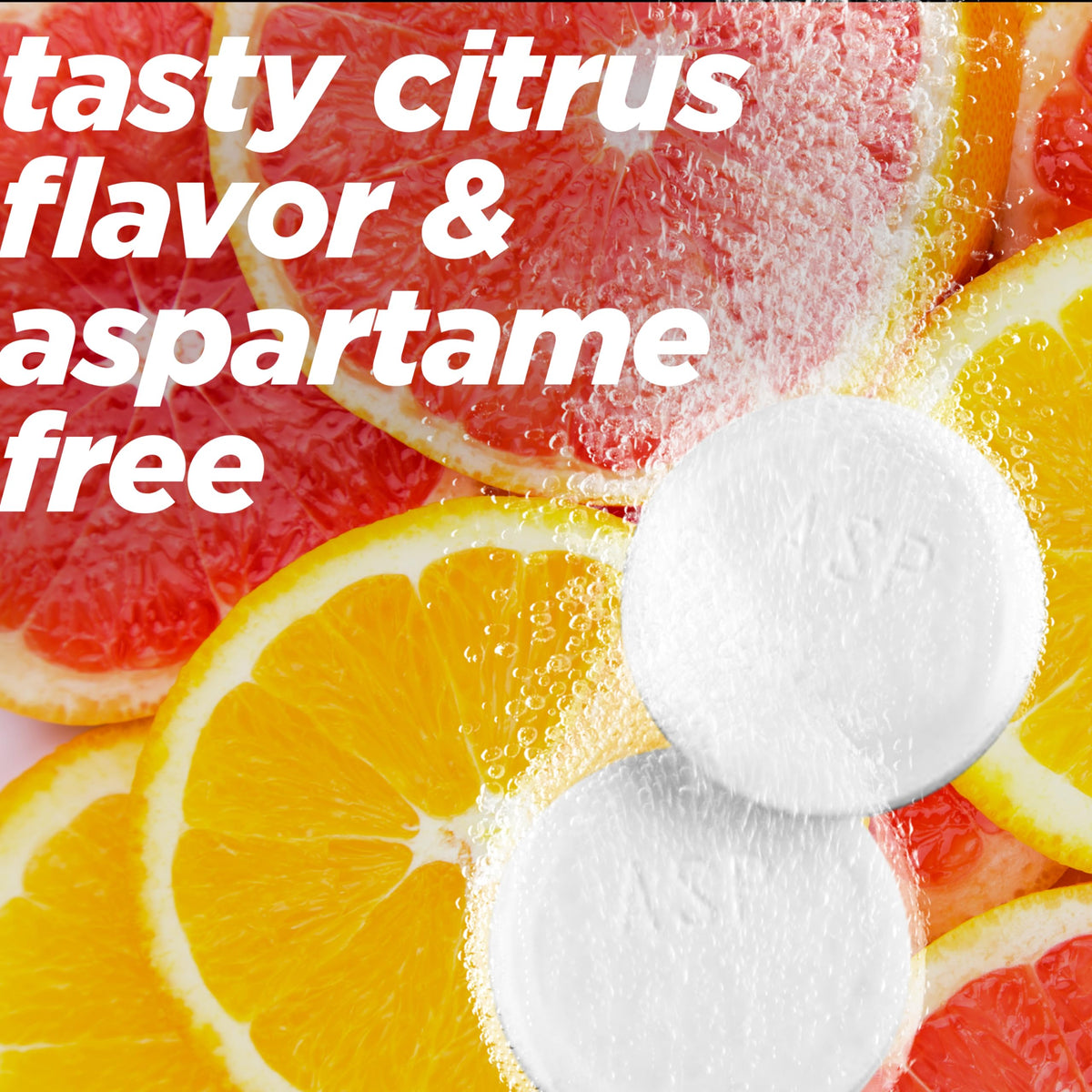 Alka-Seltzer Plus Citrus Flavor effervescent tablets dissolved in a glass of water