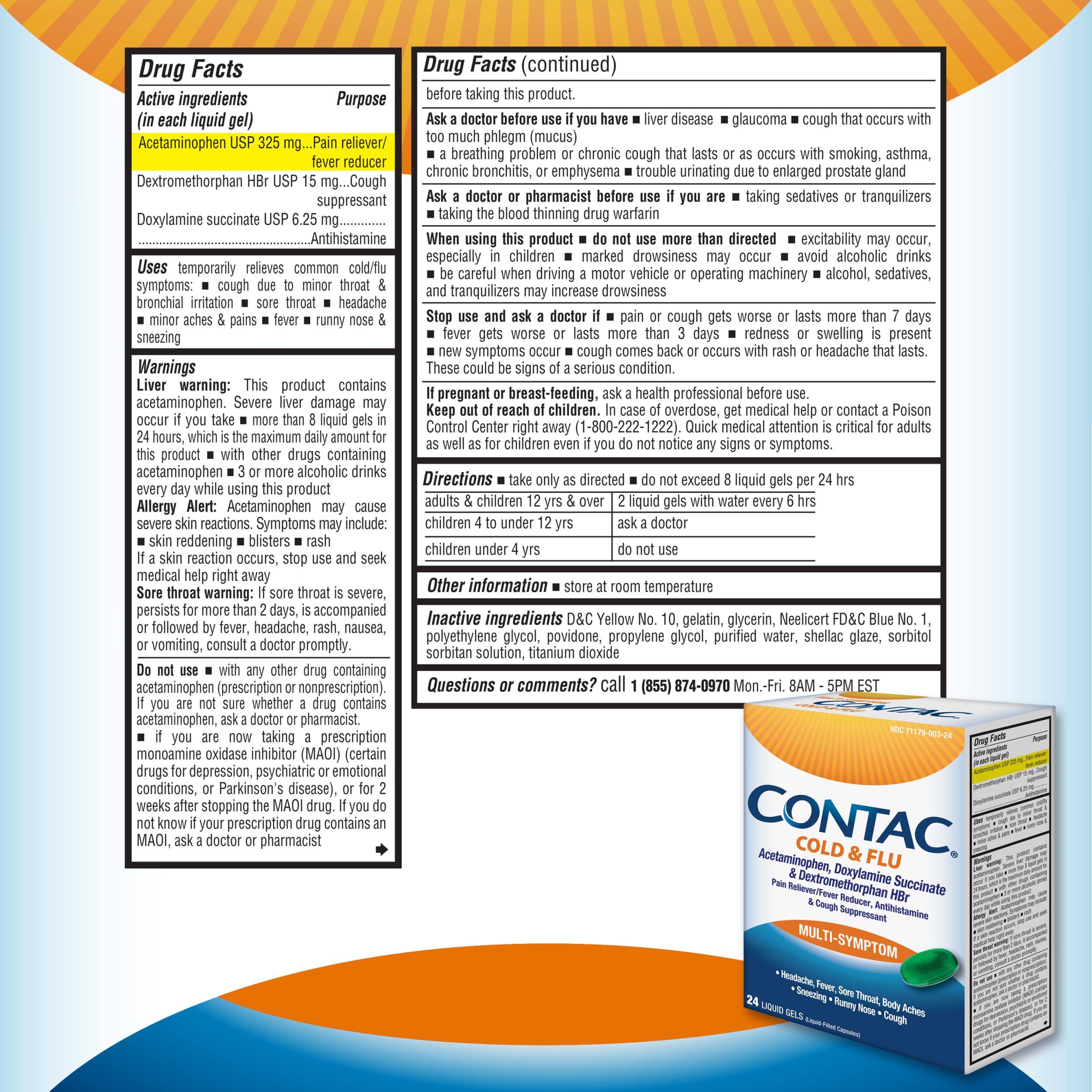 Contac Cold and Flu packaging displaying active ingredients for fever and cough suppression.