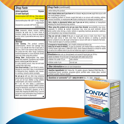 Contac Cold and Flu packaging displaying active ingredients for fever and cough suppression.