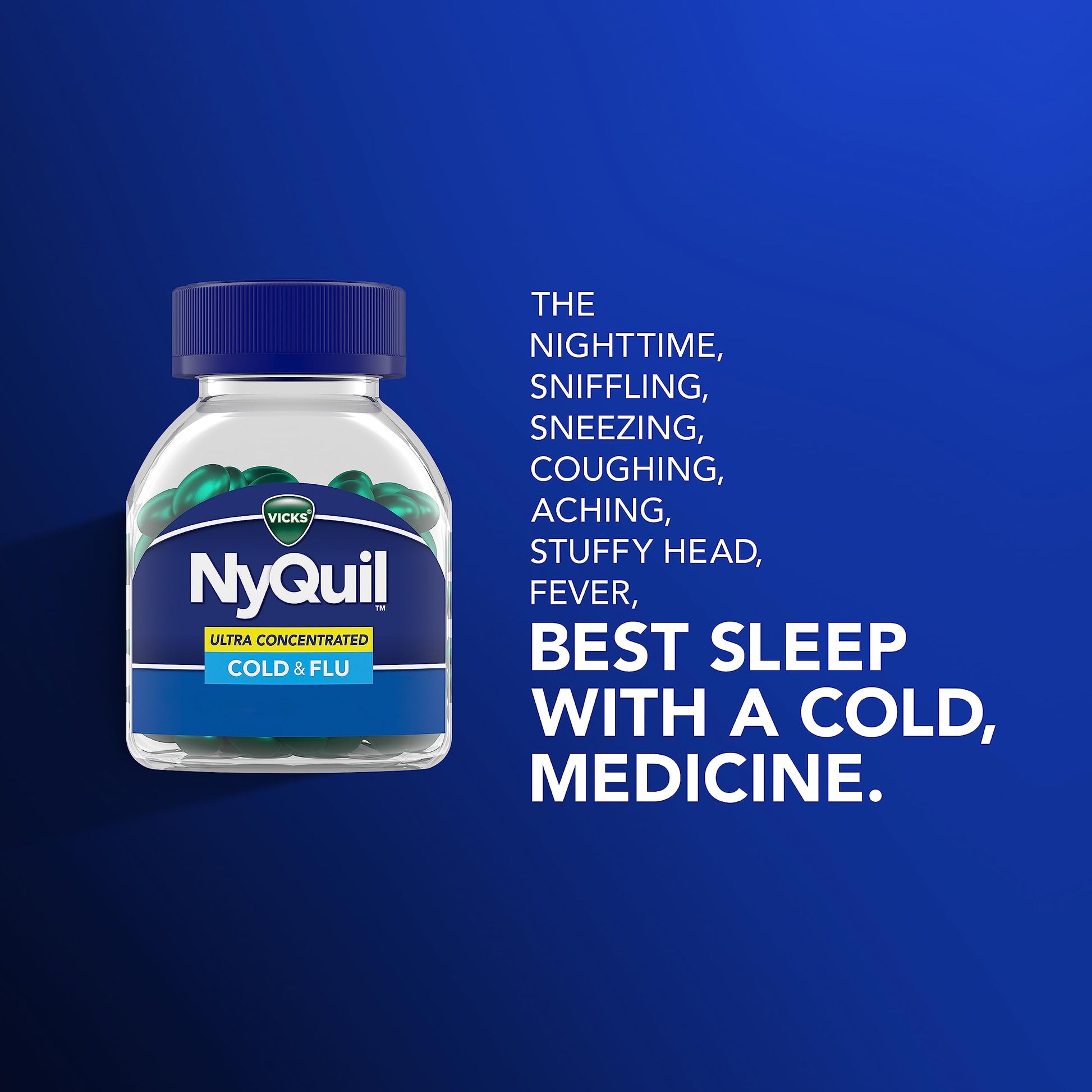 Back label details of Vicks NyQuil concentrated cold medicine showcasing dosage instructions and individual capsule millimeter size reductions.