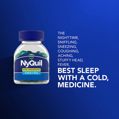 Back label details of Vicks NyQuil concentrated cold medicine showcasing dosage instructions and individual capsule millimeter size reductions.