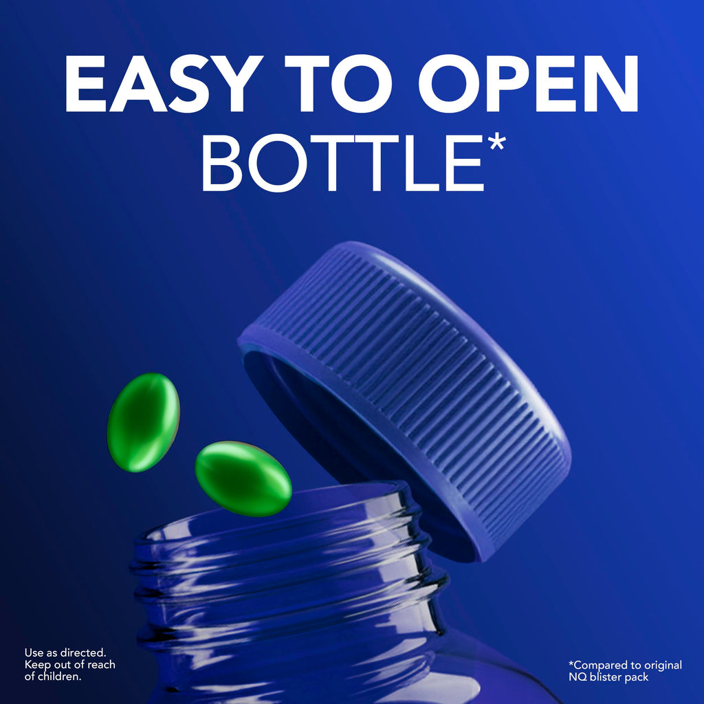 Close up of the twenty five percent smaller Vicks NyQuil ultra concentrated liquid capsules next to the secure medicine bottle.