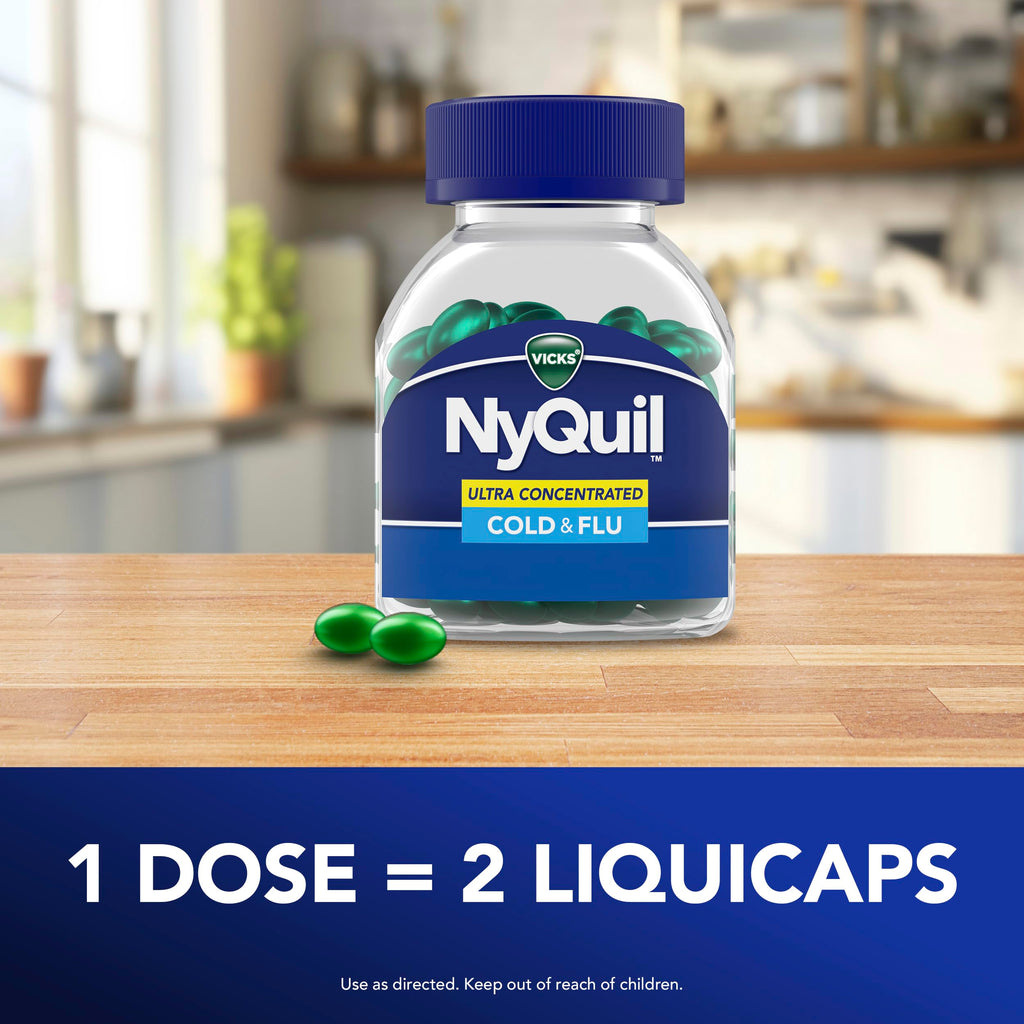 Vicks NyQuil multi symptom relief liquid capsules displaying the safe nighttime drowsiness formula details for seasonal influenza.