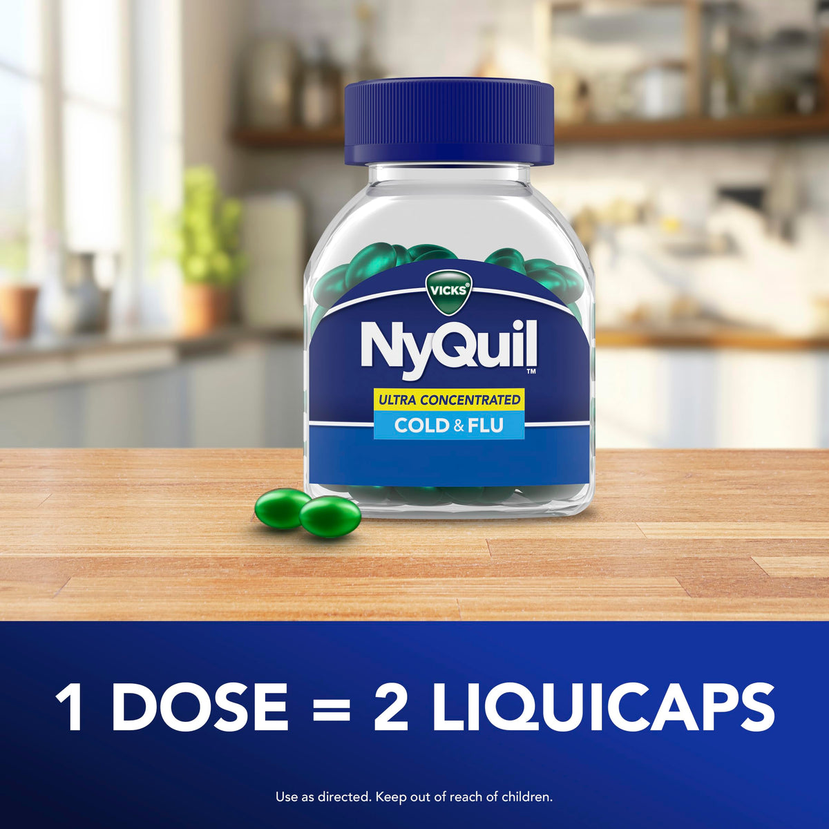Vicks NyQuil multi symptom relief liquid capsules displaying the safe nighttime drowsiness formula details for seasonal influenza.