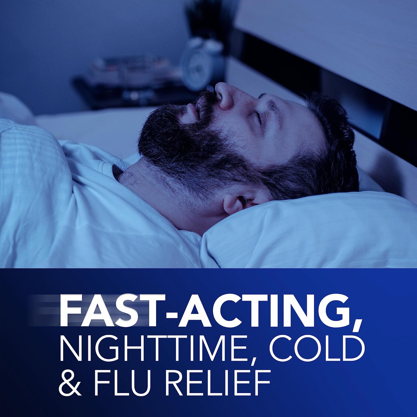 Vicks NyQuil Ultra Concentrated package contents displayed clearly emphasizing the forty eight count high strength nighttime formula.