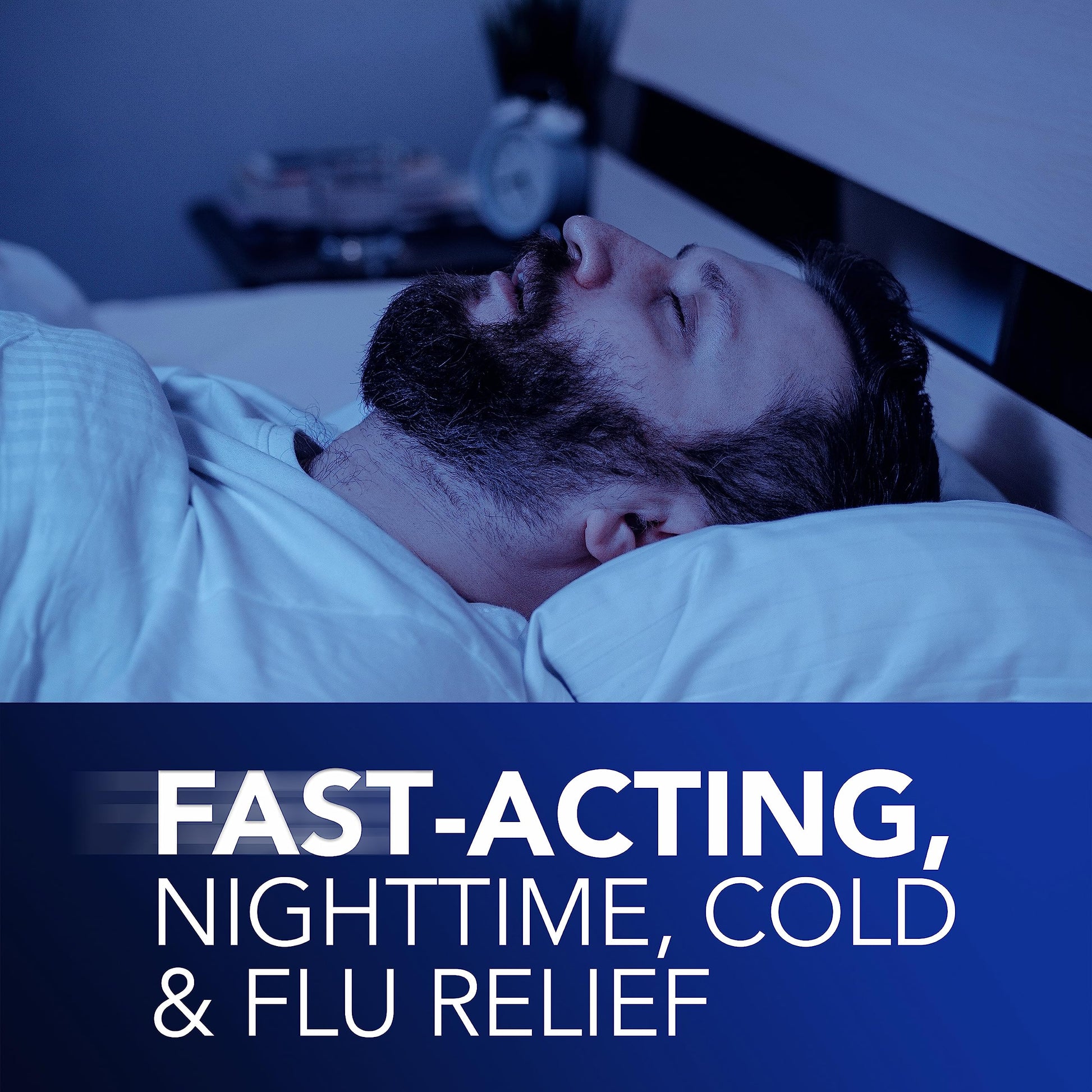 Vicks NyQuil Ultra Concentrated package contents displayed clearly emphasizing the forty eight count high strength nighttime formula.
