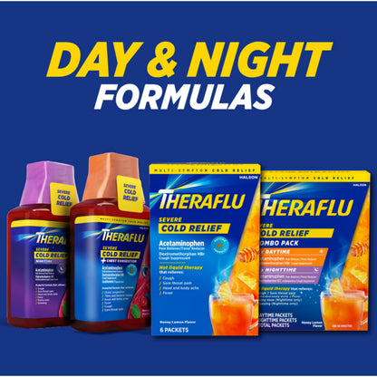 Theraflu nighttime severe cold syrup bottle detailing antihistamine and pain relief benefits