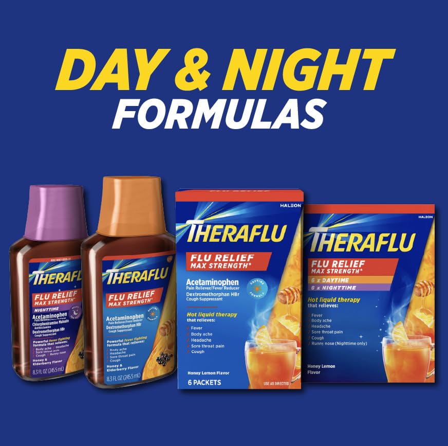 Theraflu Flu Relief Max Strength twelve count box detailing the non drowsy day formula and sleep aiding night formula.