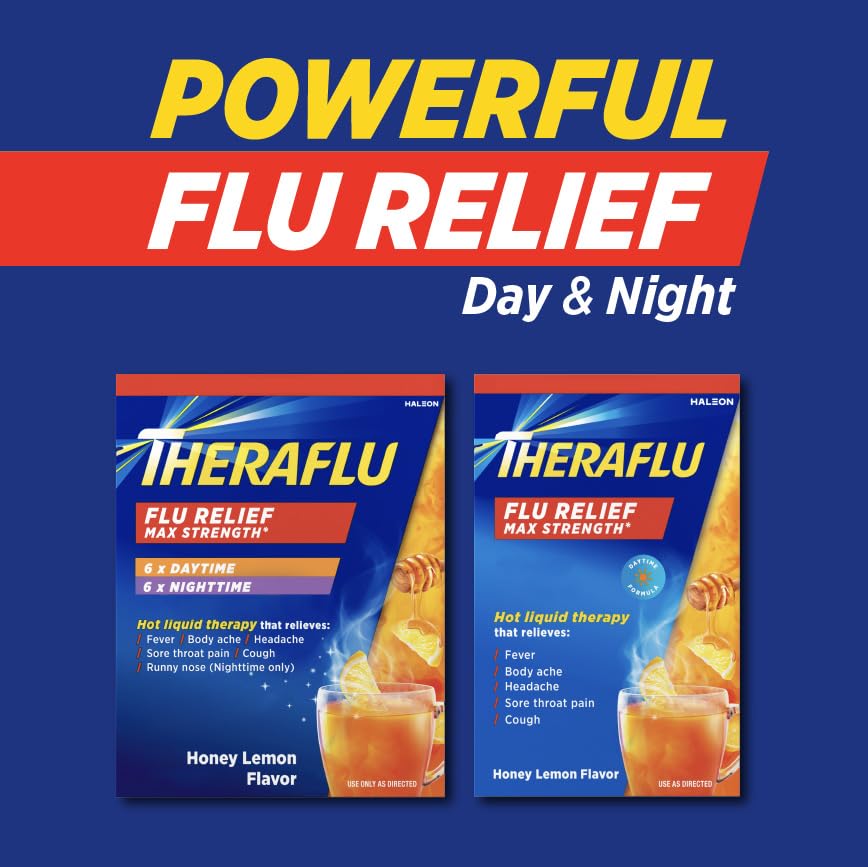 Side view of Theraflu daytime and nighttime severe influenza medicine showing authentic USA import packaging attributes.