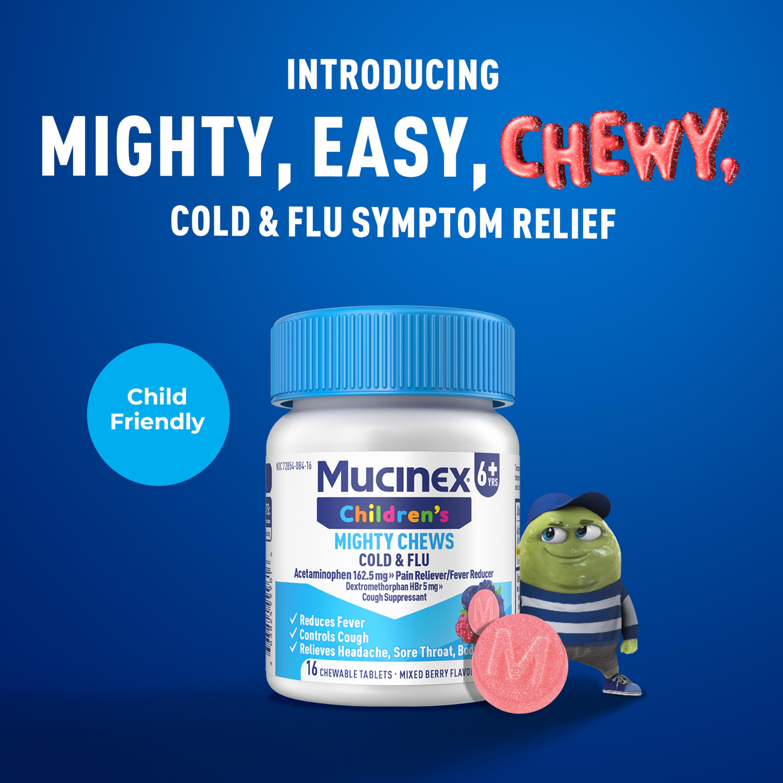 Mucinex kids cough medicine mixed berry flavor chewable tablets side view panel with active ingredients