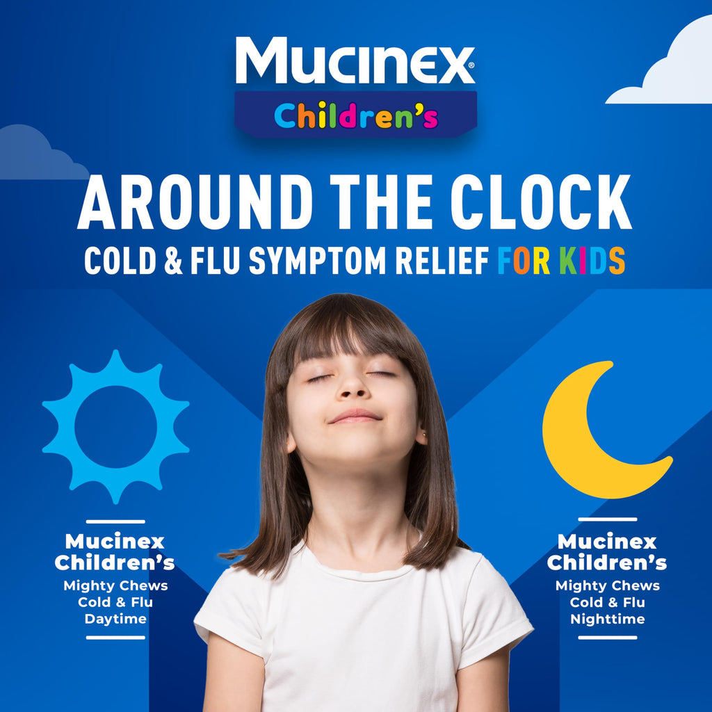 Mucinex Childrens Mighty Chews container showing easy to dose instructions for child seasonal flu care