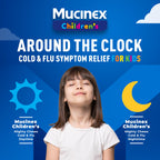 Mucinex Childrens Mighty Chews container showing easy to dose instructions for child seasonal flu care