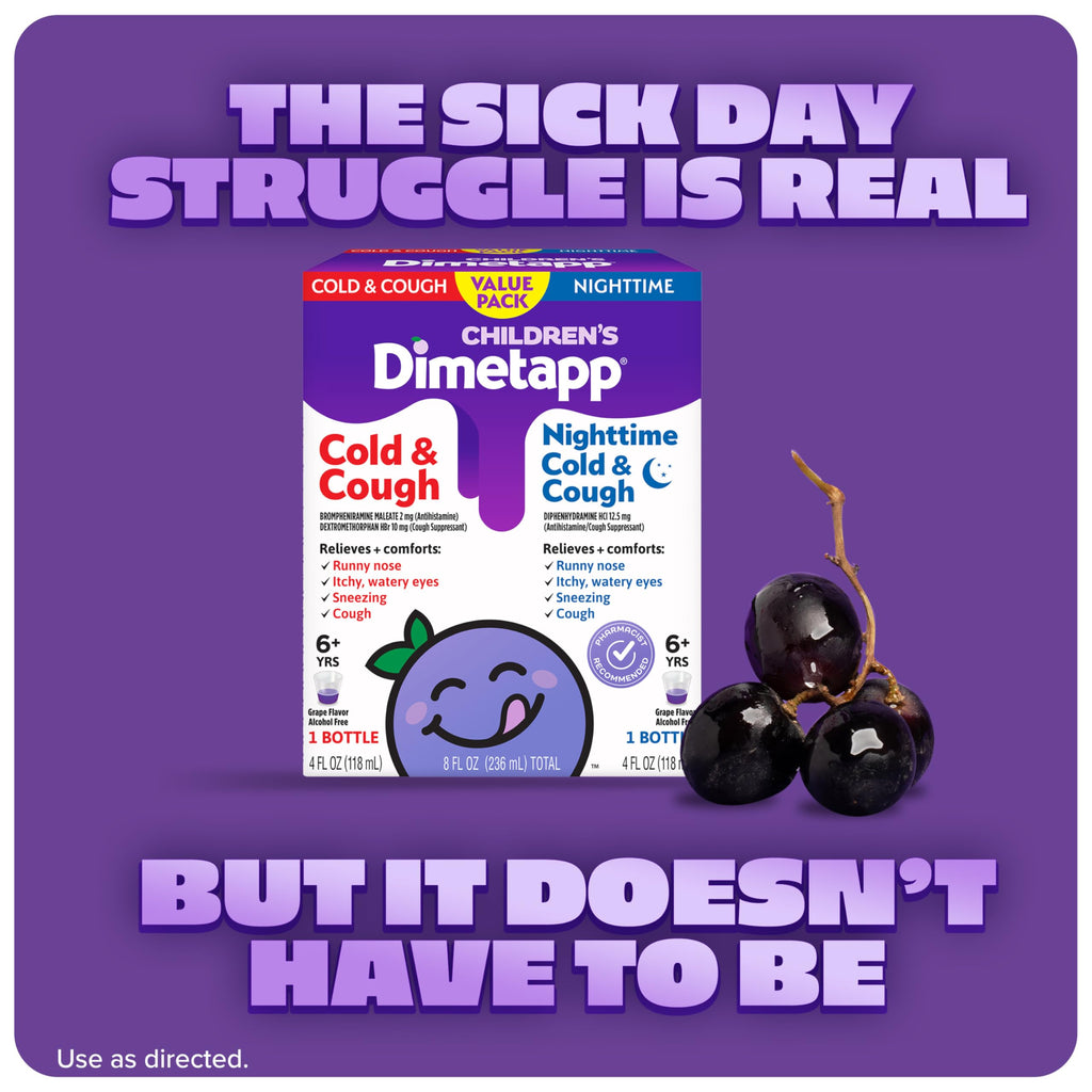 Back label of Children's Dimetapp showing drug facts active ingredients and dosage instructions for children.