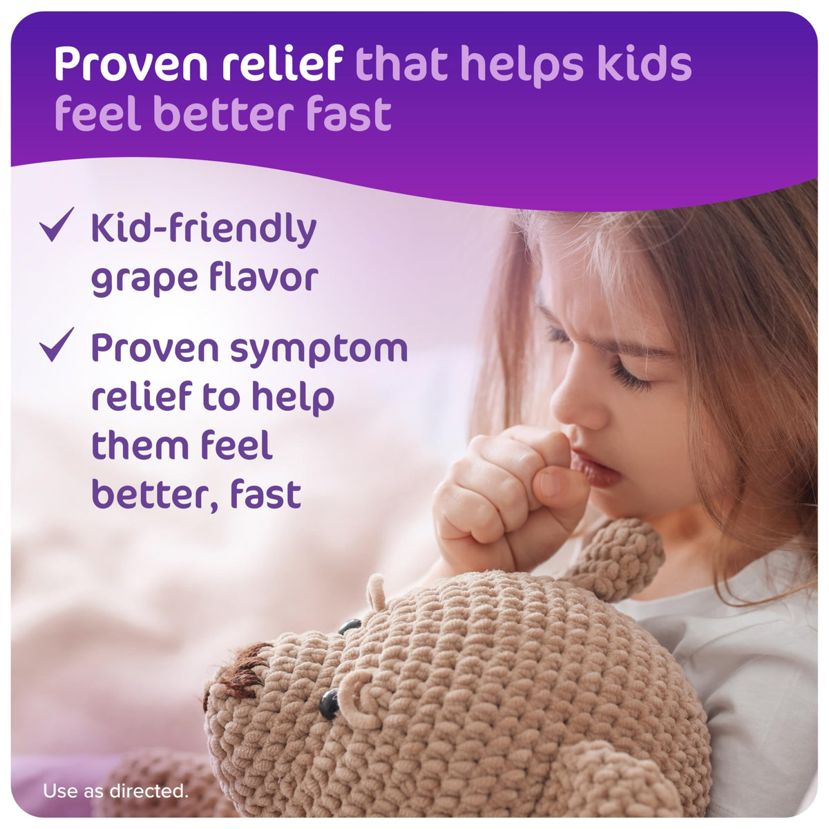 Close up of the grape flavored liquid medicine packaging highlighting alcohol free and phenylephrine free attributes.