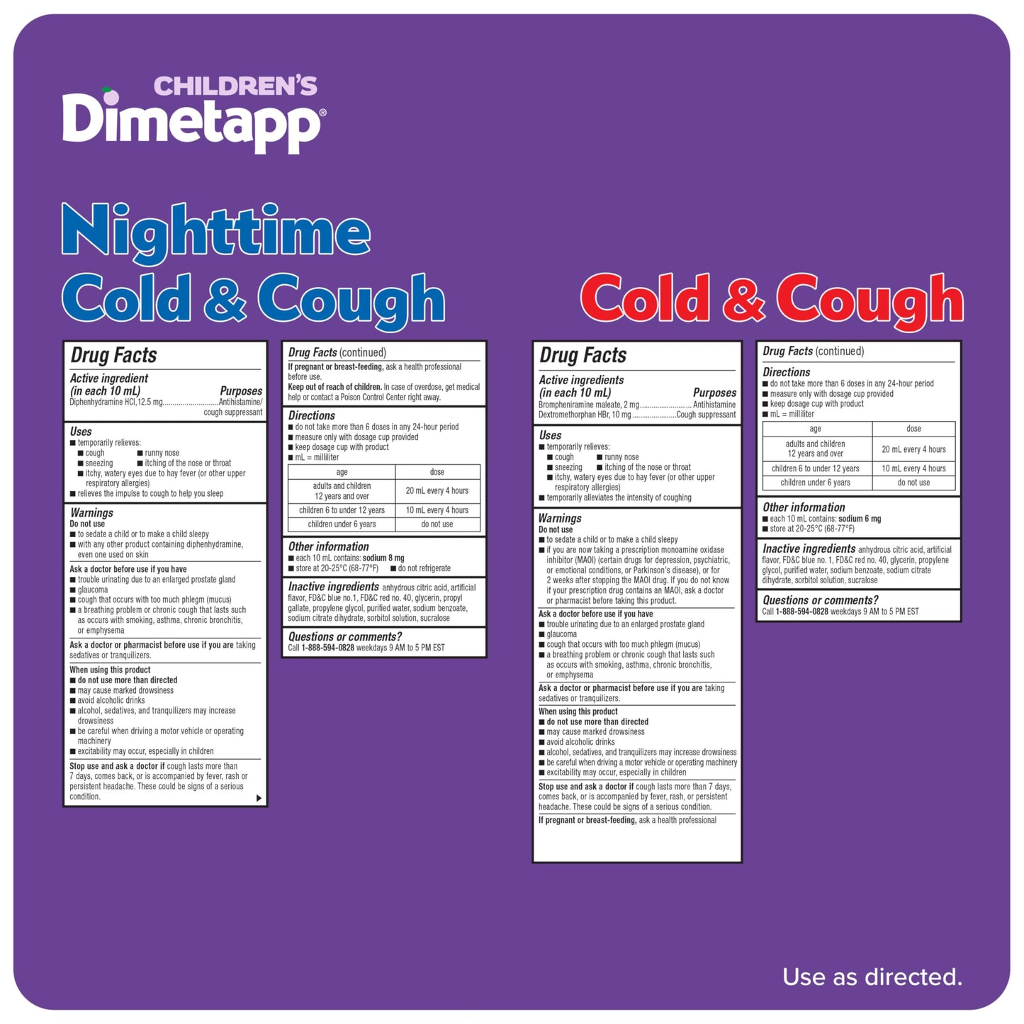 Two bottles of imported Dimetapp children's syrup illustrating the liquid dosage cup and packaging variation.