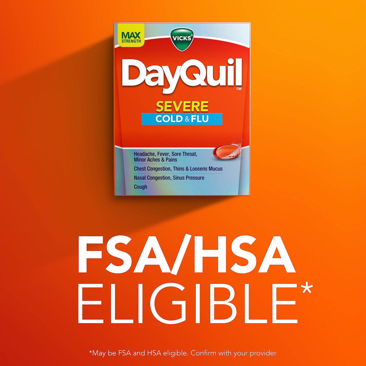Side view of Vicks DayQuil Severe box highlighting nine symptom daytime relief including fever and cough suppression
