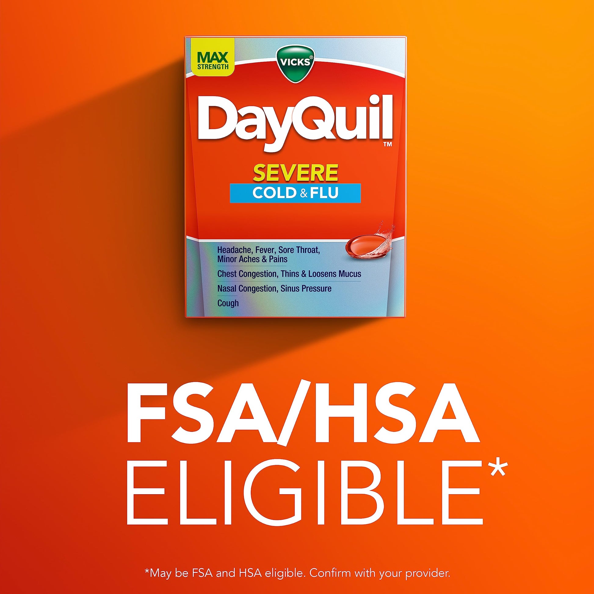 Side view of Vicks DayQuil Severe box highlighting nine symptom daytime relief including fever and cough suppression