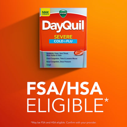 Side view of Vicks DayQuil Severe box highlighting nine symptom daytime relief including fever and cough suppression