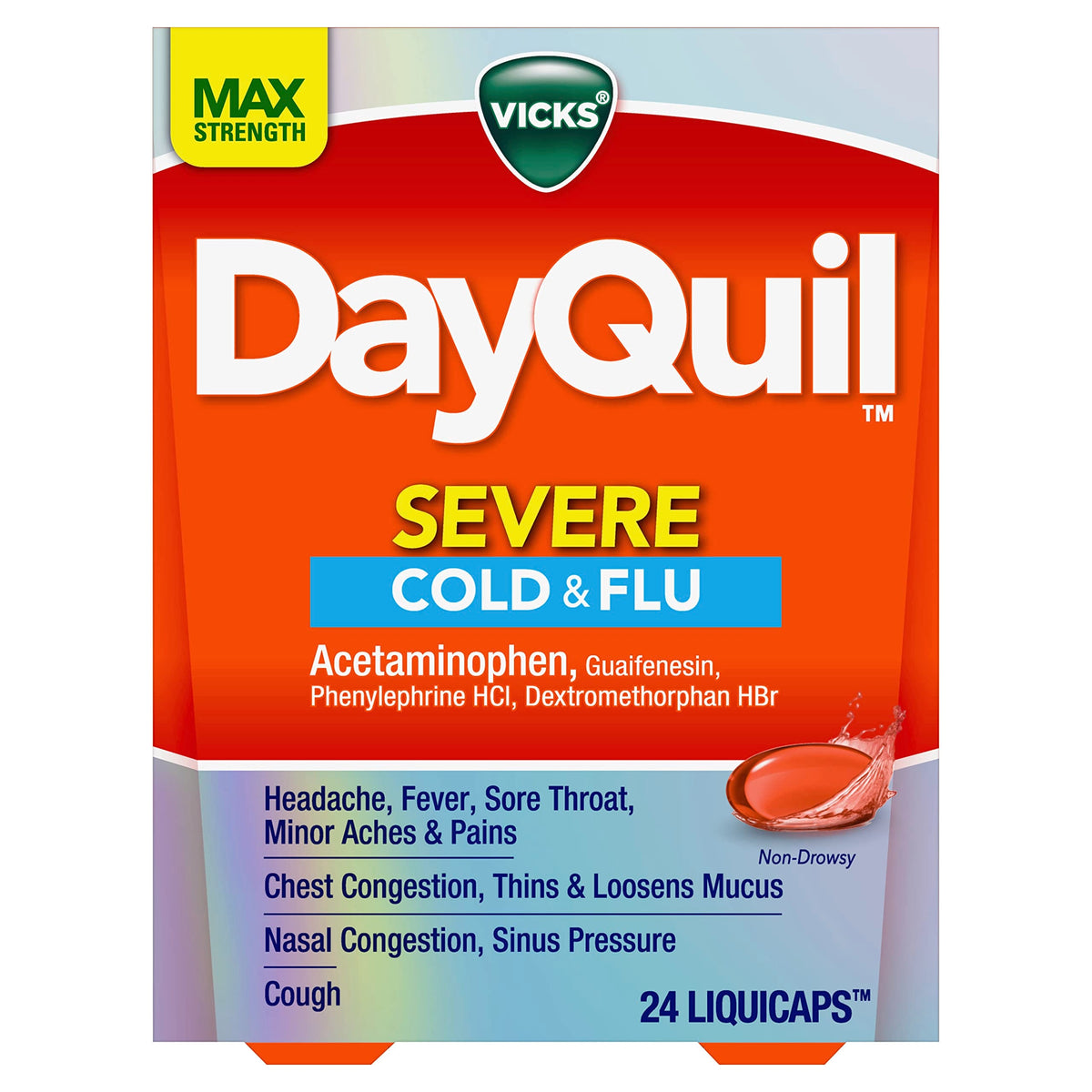 Close up of Vicks DayQuil Severe twenty four count daytime cold capsules showing authentic packaging details
