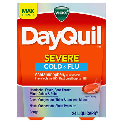 Close up of Vicks DayQuil Severe twenty four count daytime cold capsules showing authentic packaging details