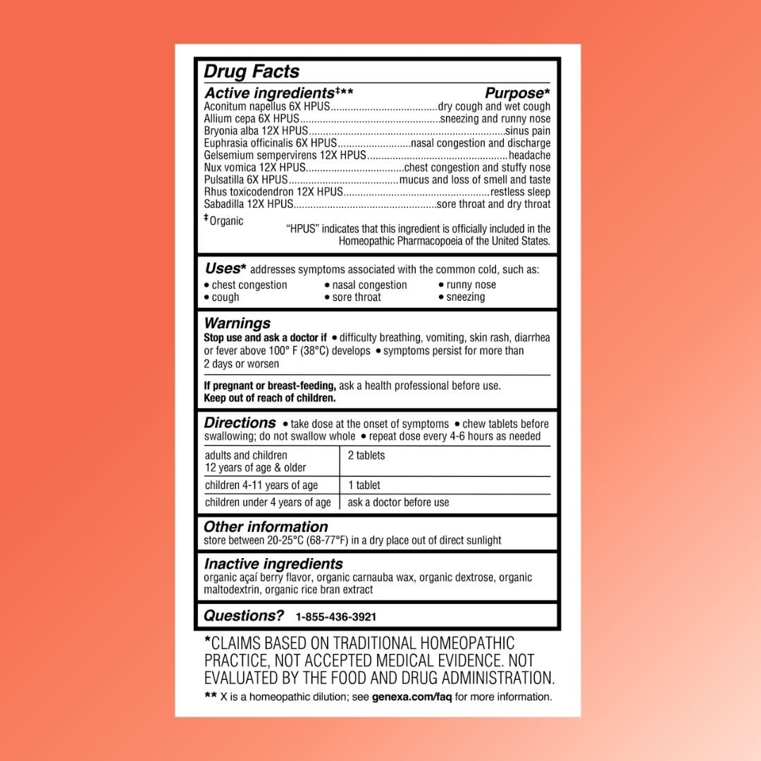 Genexa adult cold crush chewable tablets for congestion and sore throat relief