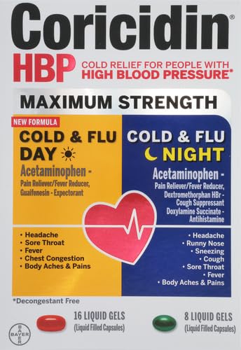 Coricidin HBP decongestant free cold symptom relief box detailing heart safe cold medicine benefits.