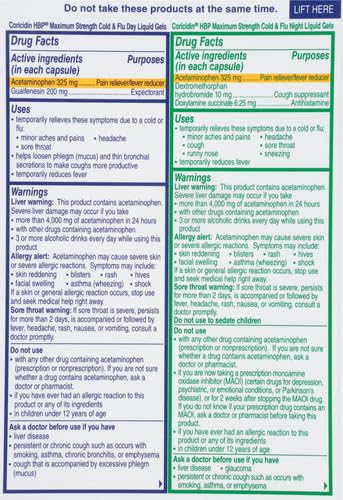 Coricidin HBP cold and flu liquid gels ingredient label highlighting acetaminophen and guaifenesin dosage.