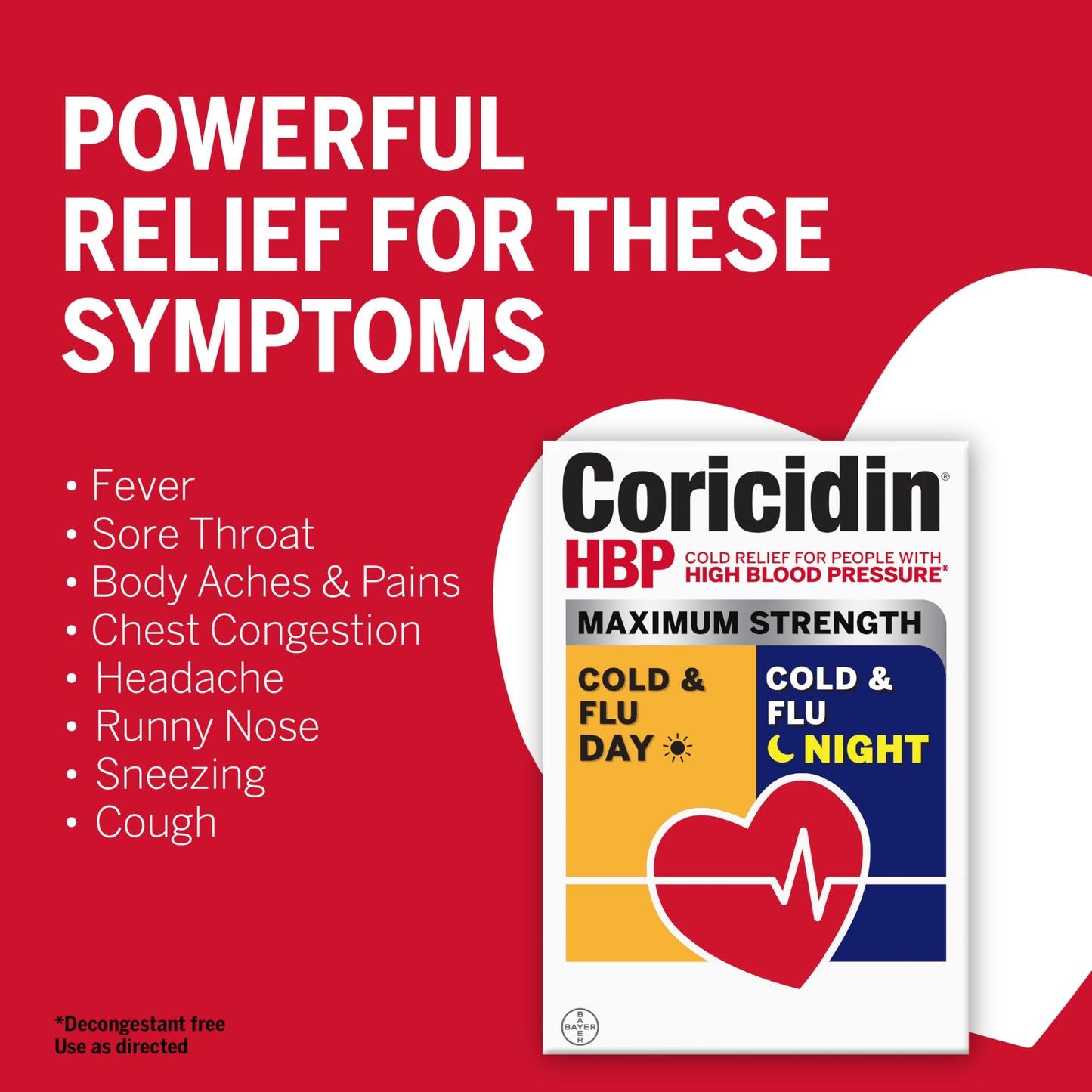Side view of Coricidin HBP maximum strength day non drowsy and night relief capsules packaging.