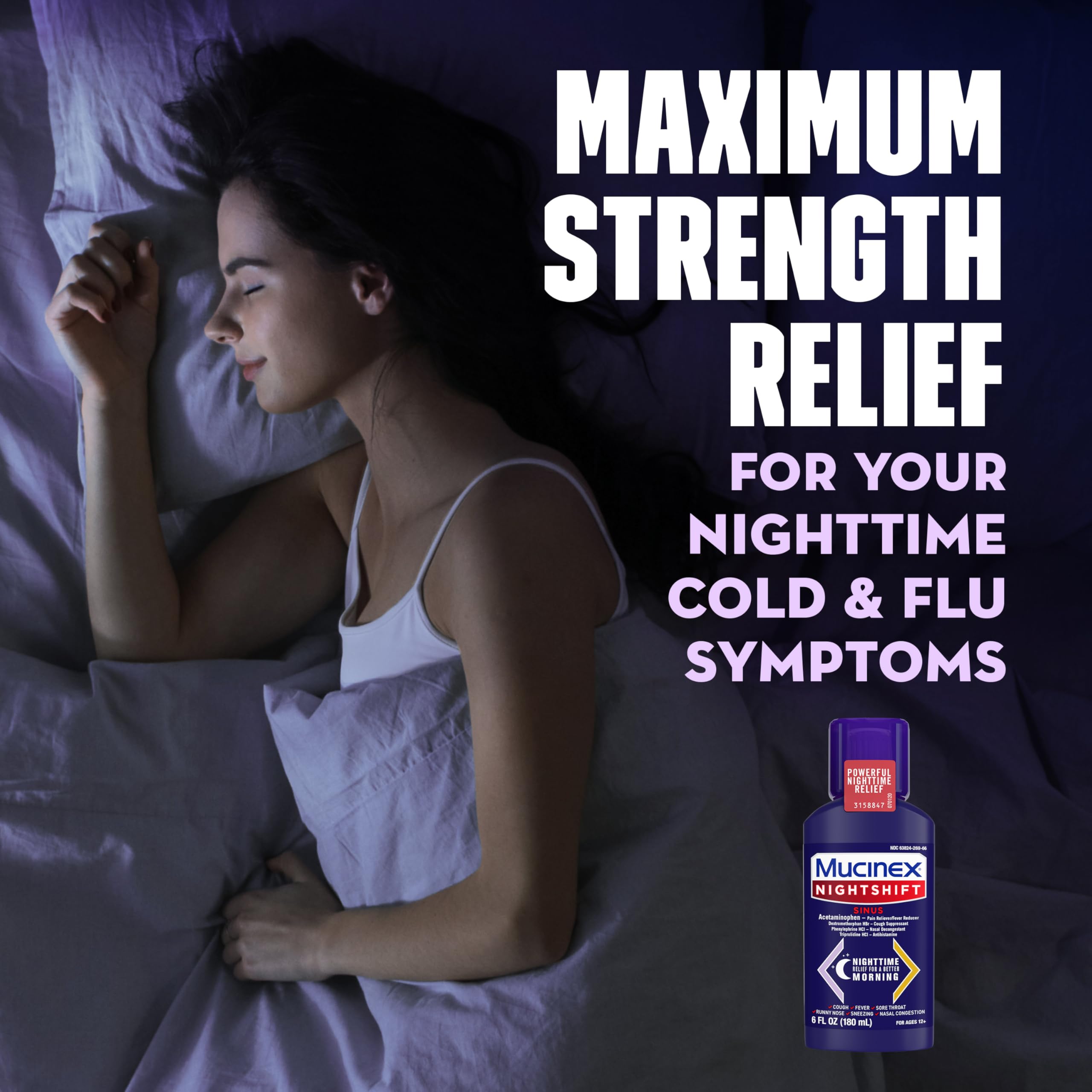 Mucinex Nightshift cold and flu medicine bottle showing active ingredients and liquid dosage cup