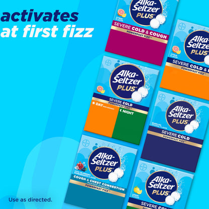 Alka-Seltzer Plus severe cold formula showing relief for nasal congestion and sore throat