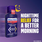 Back label of Mucinex Nightshift liquid displaying dosage directions and warnings for adults