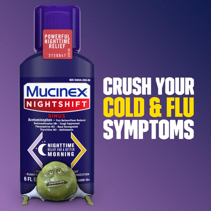 Full packaging display of Mucinex adult cold flu and sinus nighttime symptom liquid medicine