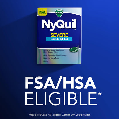Vicks NyQuil Severe 24 Liquicaps box highlighting multi symptom relief benefits