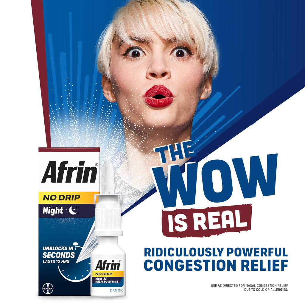 Afrin No Drip Original 12 hour pump mist bottle close up for non drowsy daytime congestion control.