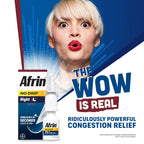 Afrin No Drip Original 12 hour pump mist bottle close up for non drowsy daytime congestion control.