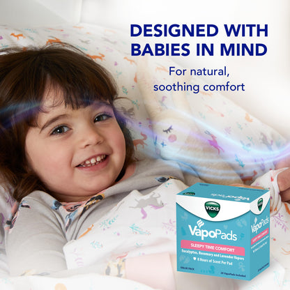Side view of the imported Vicks vapor pads packaging detailing the eight hour soothing vapor promise.