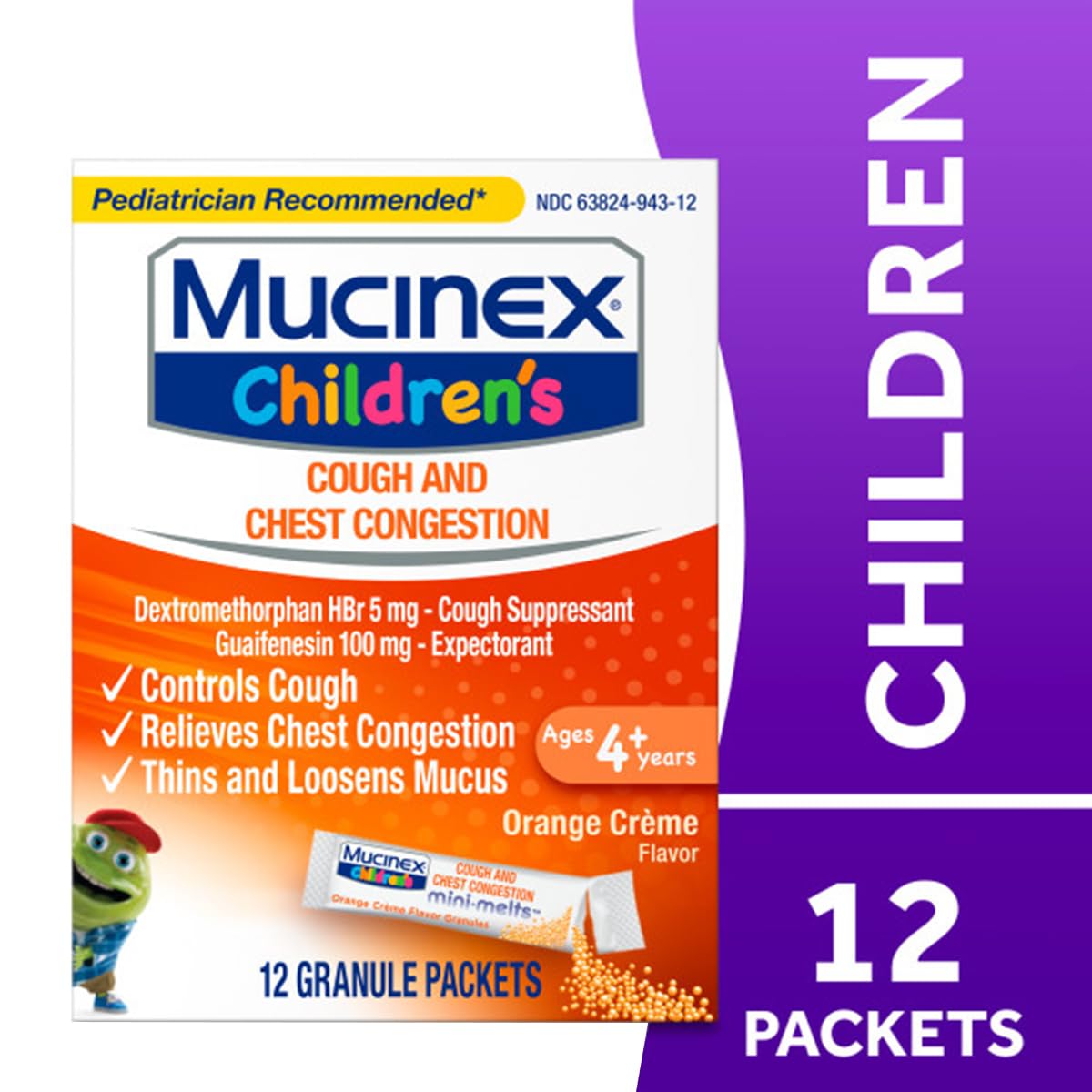 Mucinex kids orange cream expectorant granules packets showing dosage instructions