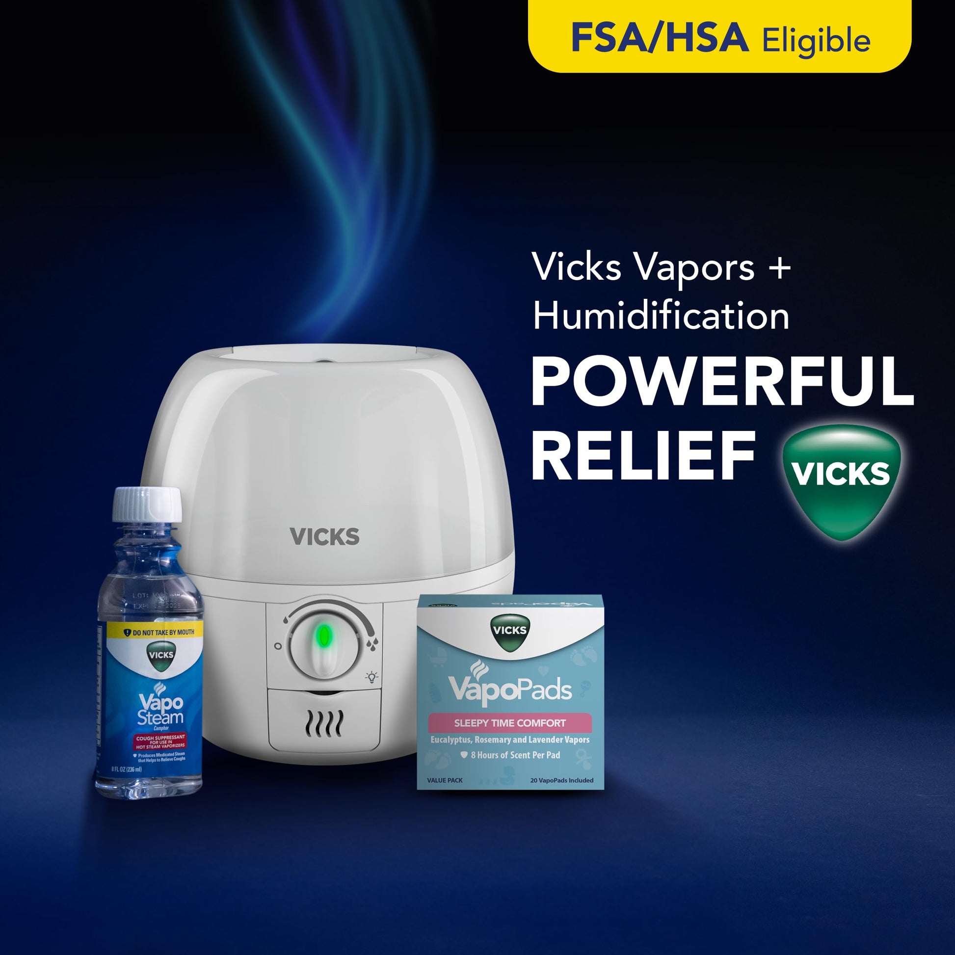Back of the box view showing instructions and compatibility information for Vicks vaporizers and inhalers.