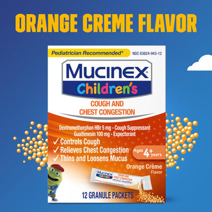 Mucinex pediatric recommended child cough mini melts product display