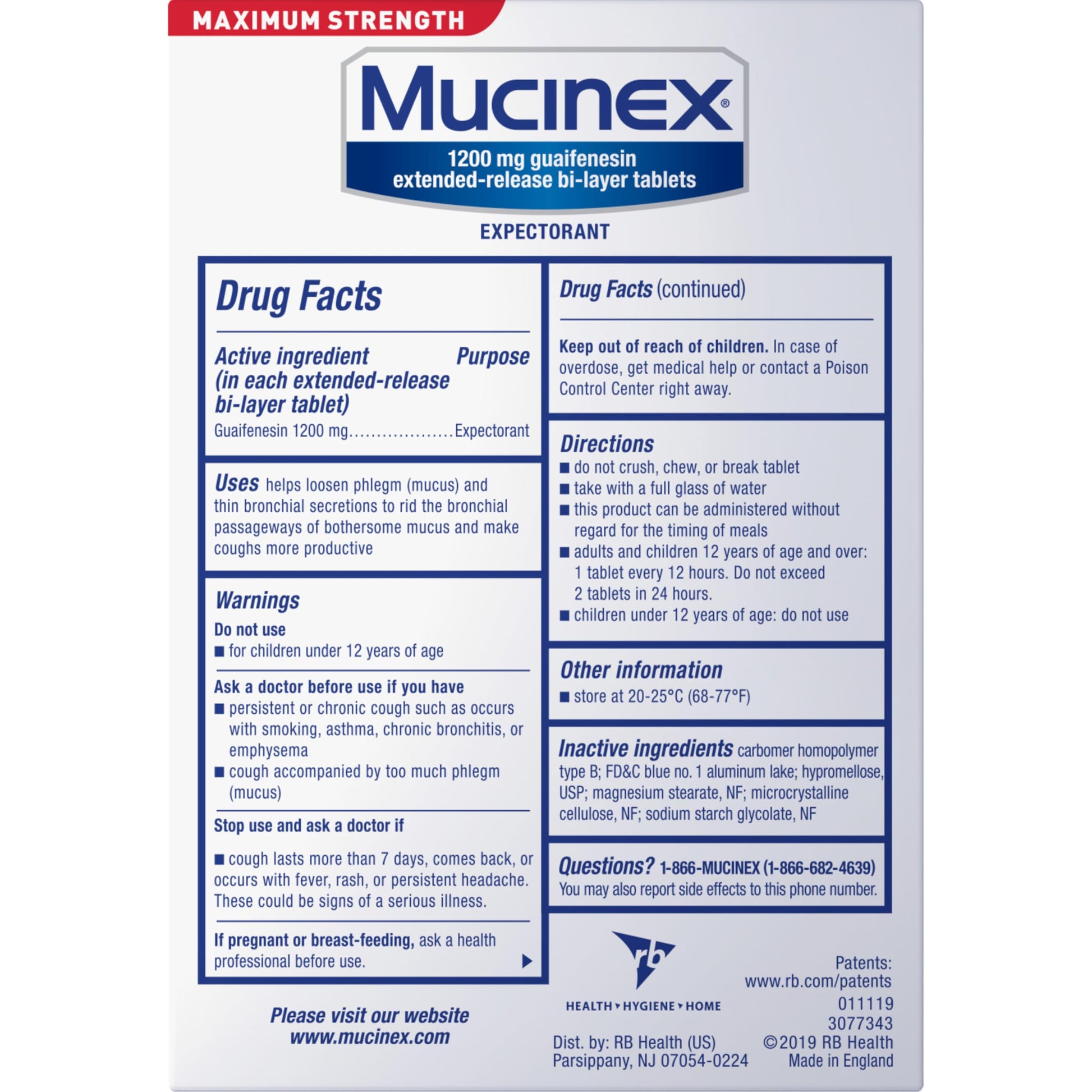Back label of Mucinex maximum strength chest expectorant with official drug facts and dosage instructions.
